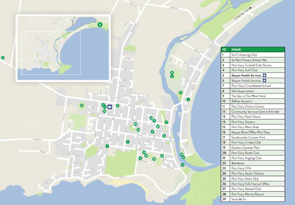 A map of the 29 defibrillators in Port Fairy.