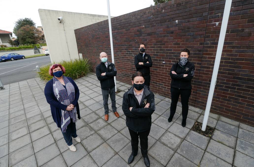 HERE TO PROTECT: Warrnambool police family violence unit detectives Gill Kirby, Jason Dance, Rob Wilson, Kim Wheeler and Tammy Barry (front) have taken a tough stance on family violence. Picture: Anthony Brady 