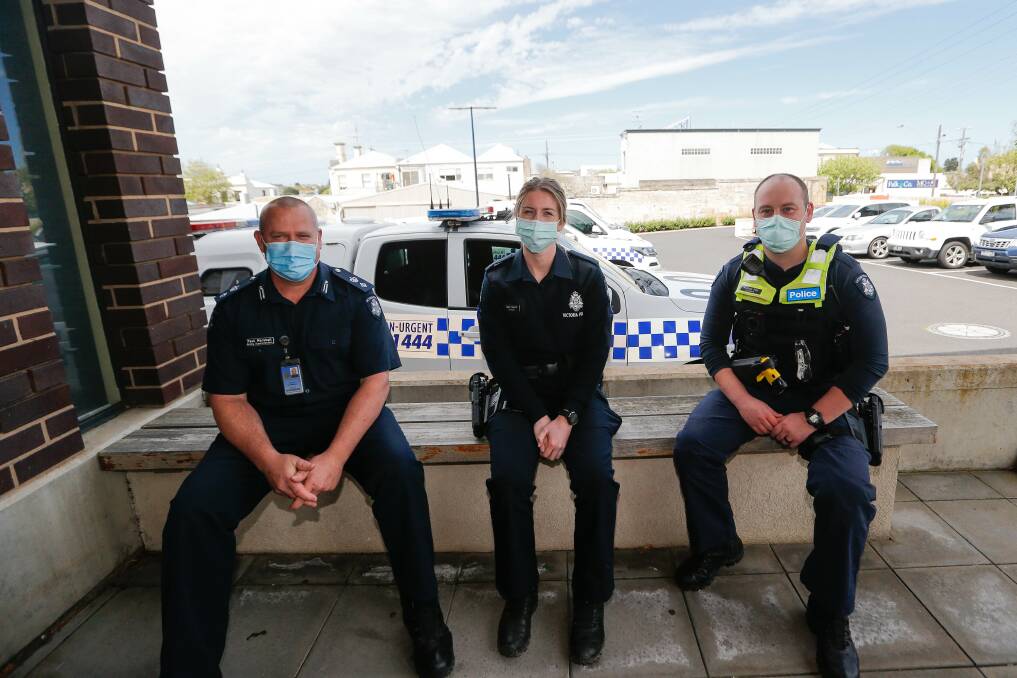 NEWBIES: Acting Superintendent Paul Marshall with new Warrnambool police officers constables Tash David and Ashley Pitt. Picture: Anthony Brady.