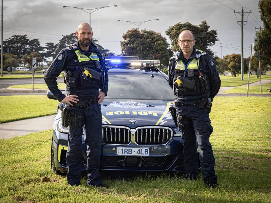 Warrnambool police Leading Senior Constable Luke Hunter and Acting Sergeant Tony Dumesny have urged motorists to take care on the roads. Picture by Sean McKenna