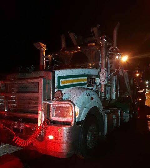 The logging truck that ran off the road near Deakin University on Monday morning. Picture: Shir McCosker from Modern Towing in Warrnambool.