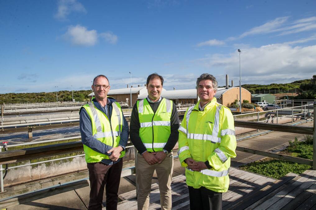 FOR THE FUTURE: Wannon Water's general manager service delivery Ian Bail,
managing director Andrew Jeffers and branch manager asset planning Peter Wilson at Warrnambool's sewage treatment plant, which is set to undergo a $30 to $40 million upgrade.  Picture: Christine Ansorge
