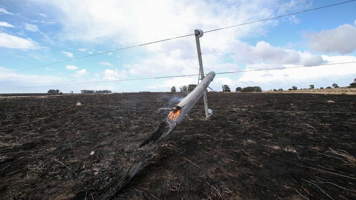 FIRE: The snapped Powercor power pole at The Sisters that sparked the devastating Garvoc fire on St Patrick's Day. 