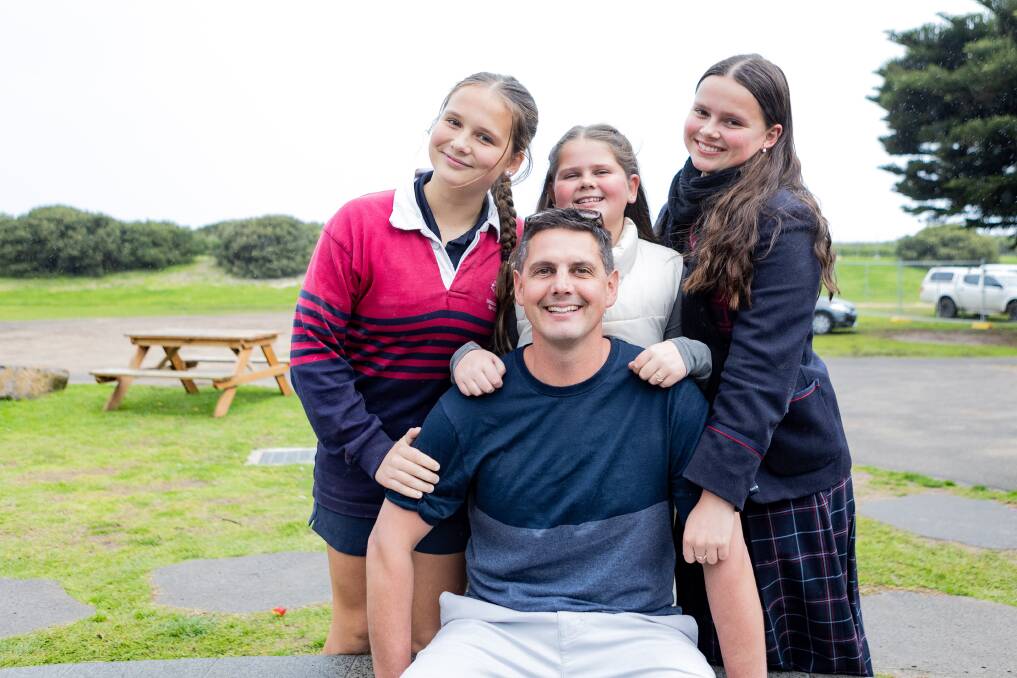 Warrnambool's Brad McCosh, pictured in 2023, with his daughters Lottie, Nellie and Evie. Picture: Anthony Brady