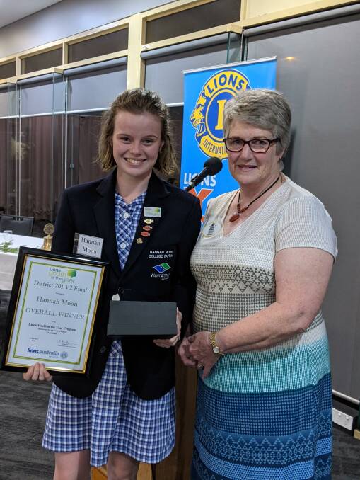 GREAT EFFORT: Warrnambool's Hannah Moon with the Lions Club vice district governor Delwyn Seebeck during the divisional Youth of the Year awards. Hannah went on to win the public speaking component of the state finals on Saturday.

