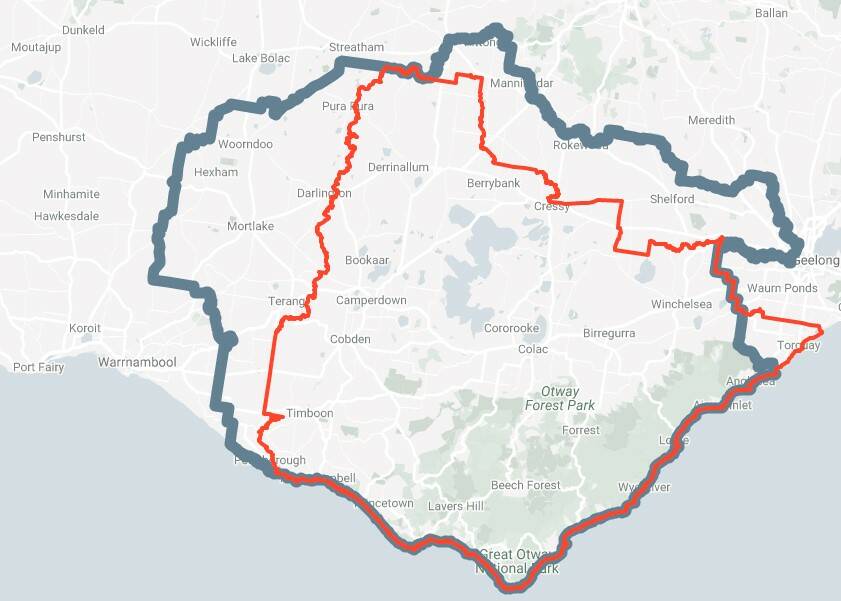 CHANGES: State electoral boundaries for the Polwarth district. The existing boundaries are in blue, the boundaries for the 2022 state election are in red. 
