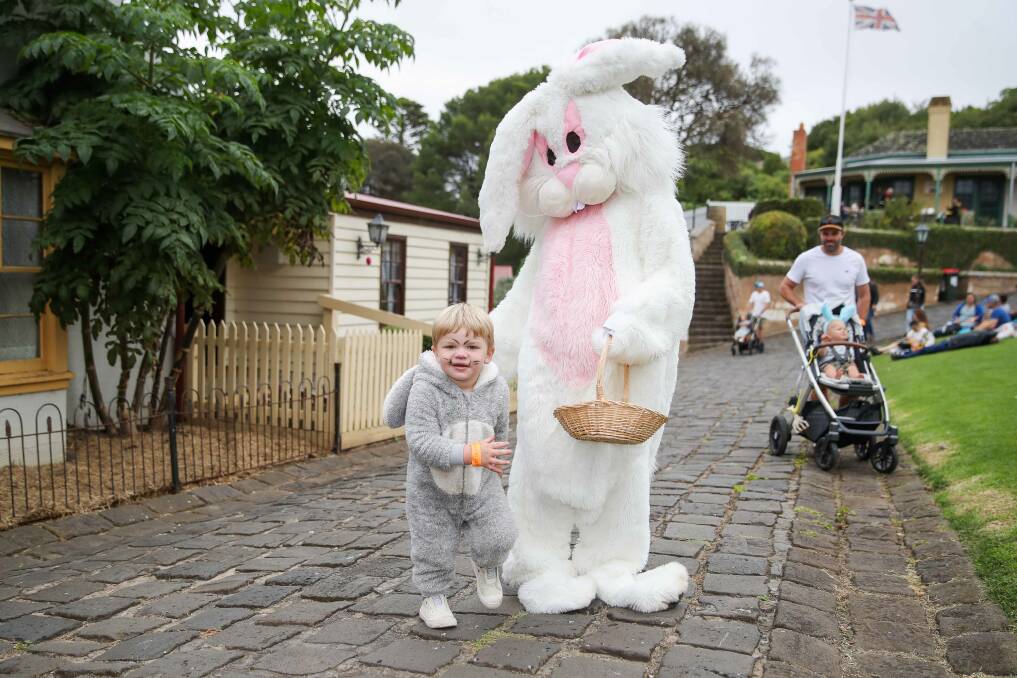 HAPPY: Warrnambool's Thomas Oliver, 4, dressed up as the Easter bunny, who he met at Flagstaff Hill's Easter extravaganza on Sunday. Picture: Morgan Hancock