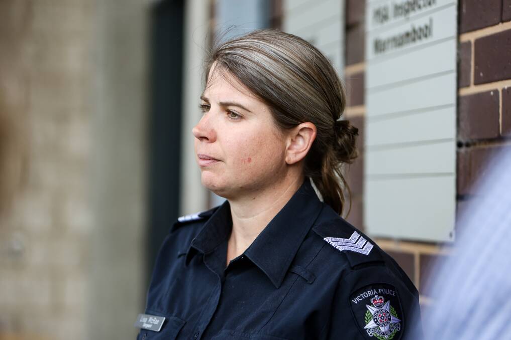 Sergeant Lisa McRae addresses media outside the Warrnambool police station. Picture by Anthony Brady