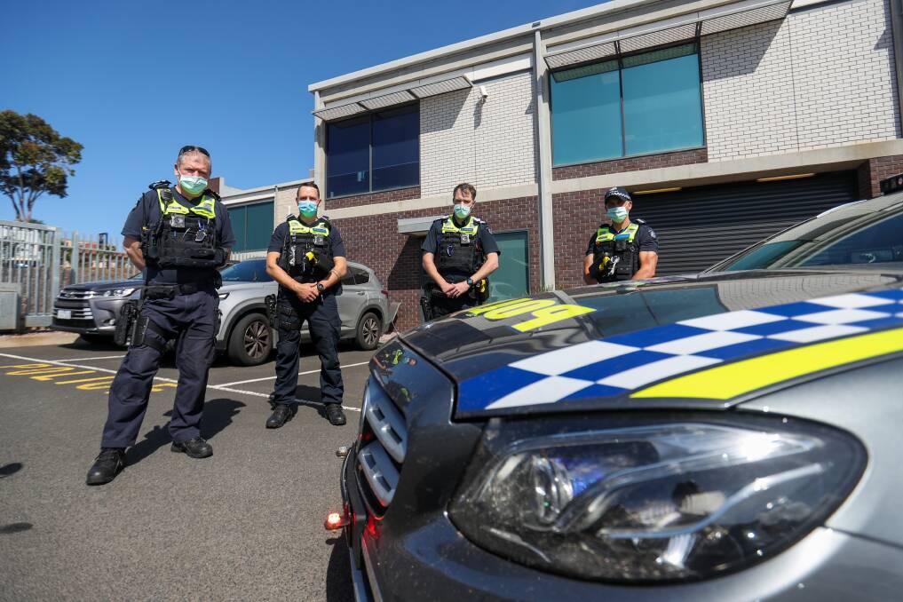 SHINE: Warrnambool police officers Mark Kirby, Bevan Marr, Jacob Barker and Tim Brosowsky mark National Road Safety Week. Picture: Morgan Hancock