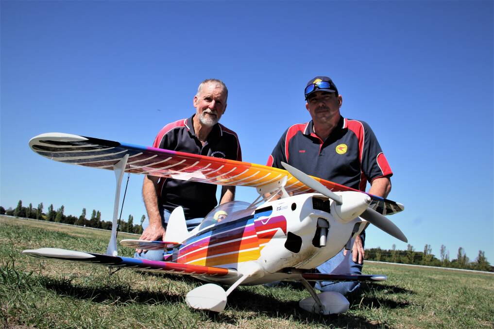 UP AND AT 'EM: Corangamite Model Aircraft Club president Foster Taylor with secretary Peter Barker at the annual Fun Fly day. Picture: Jessica Howard.