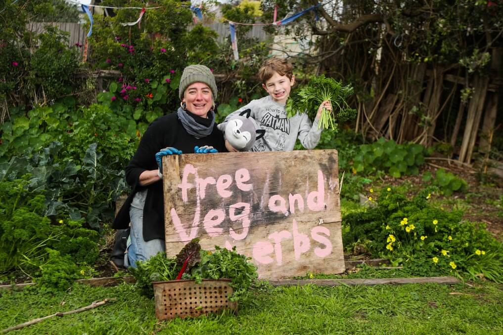 GENEROUS: East Warrnambool resident Virginia Murnane and her children Ellis, 6 (pictured), and Mabel, 8, are giving away vegetables and herbs after "panic gardening" during the coronavirus pandemic. Picture: Morgan Hancock