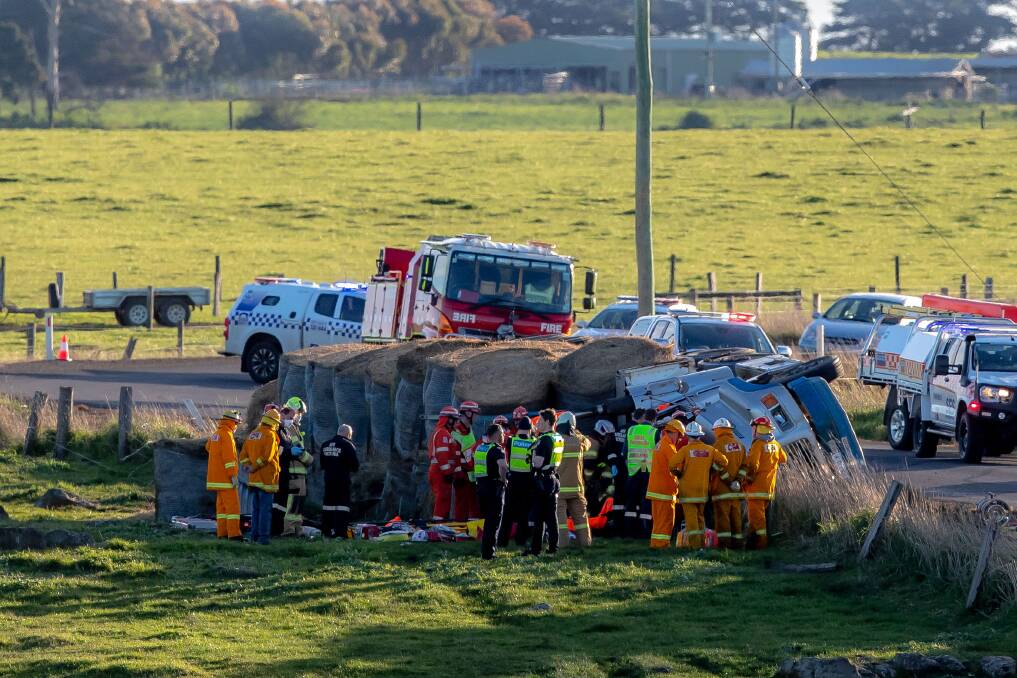 A truck carrying hay boles rolled at Wangoom in August, injuring the driver. It's one of a number of collisions across the south-west this year. Picture by Chris Doheny