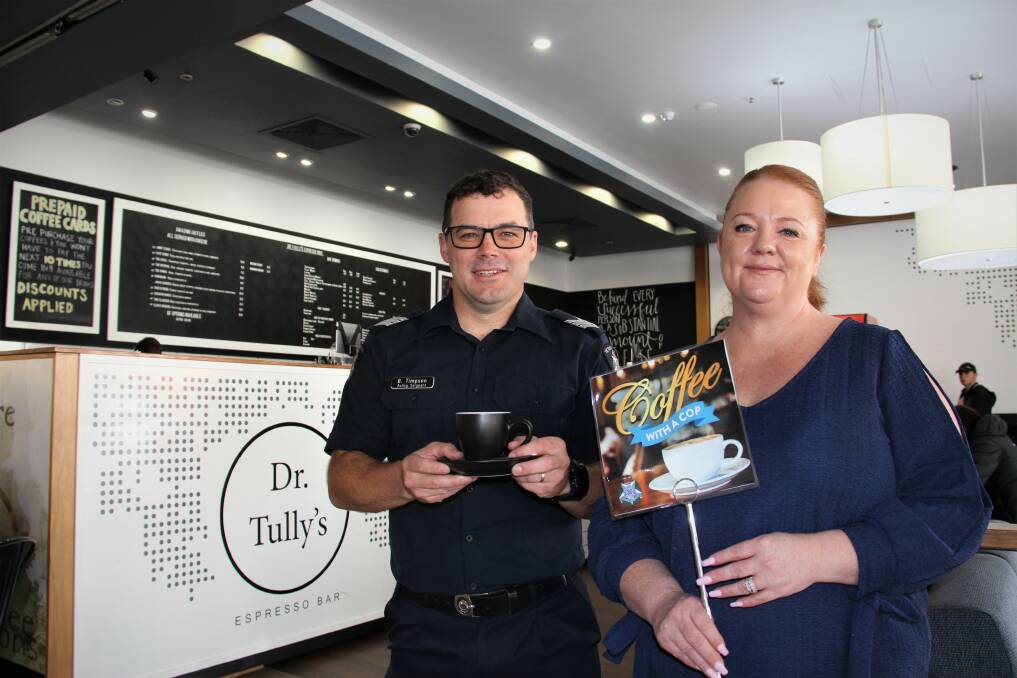 UNITED: Warrnambool police Acting Sergeant Ben Timpson and Warrnambool Shopping Centre marketing manager Paula Creasey at the first Coffee with a Cop. Picture: Jessica Howard.