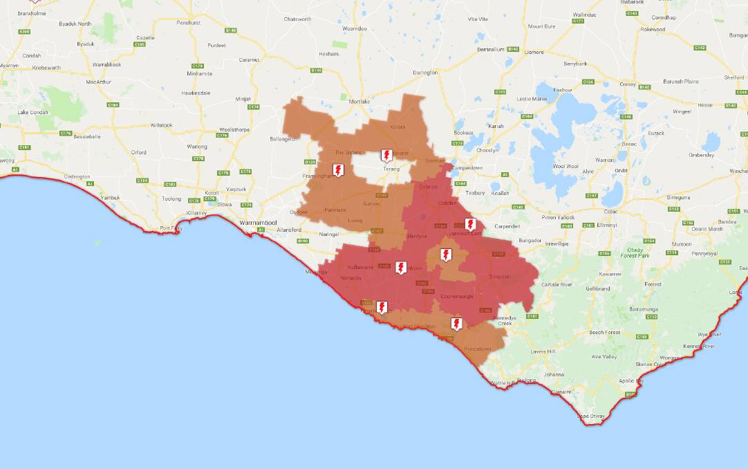 More than 1300 customers are still affected by a power outage between Princetown and Terang. Picture: Powercor.