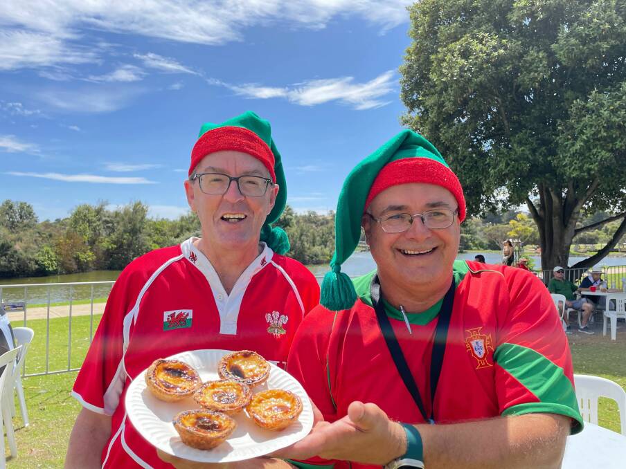 Phillip Morris and Rui Revez were all smiles as crowds flocked to buy Portuguese custard tarts at the Warrnambool Portuguese Festival on February 25, 2024. Picture by Jessica Howard