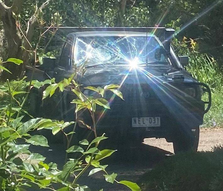 IMAGE RELEASE: The grey 1995 Toyota HiLux utility (registration NEL-031) with a smashed windscreen.