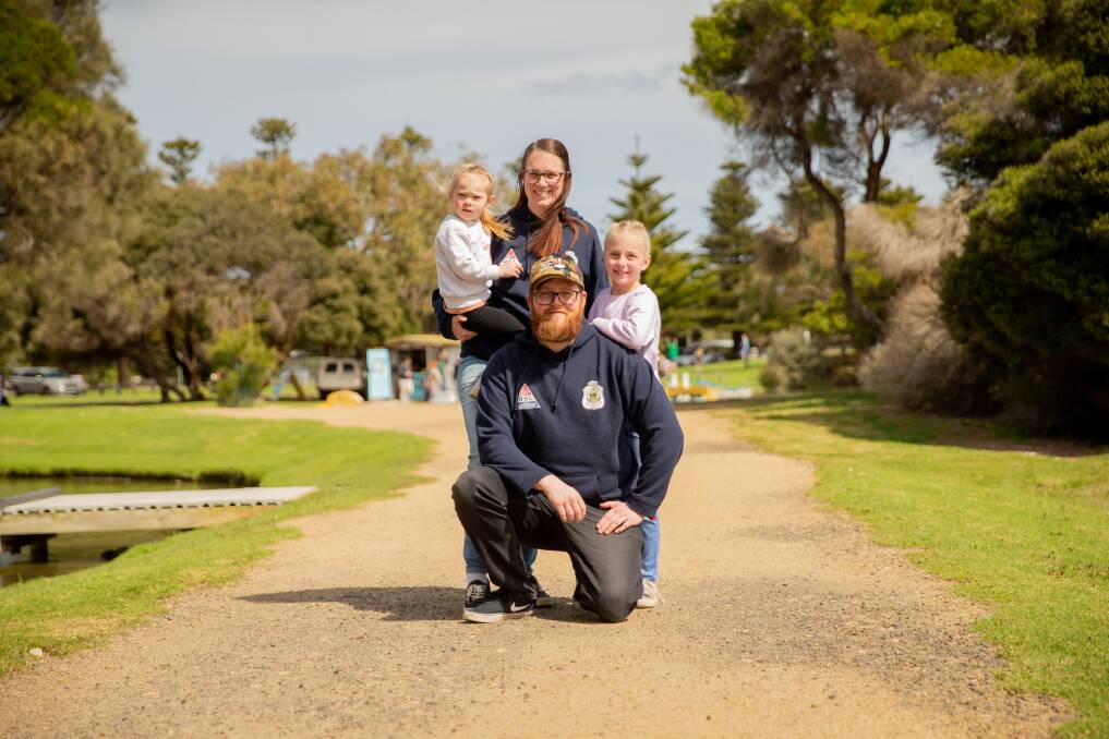 Warrnambool's Mitch Stutchbury, his partner Hayley Walsh and their daughters Amelia, 8, and Olivia, 3, are taking part in RSL Active's Walking Off The War Within on Sunday. The event aims to shake off stigma associated with mental health. Picture: Chris Doheny