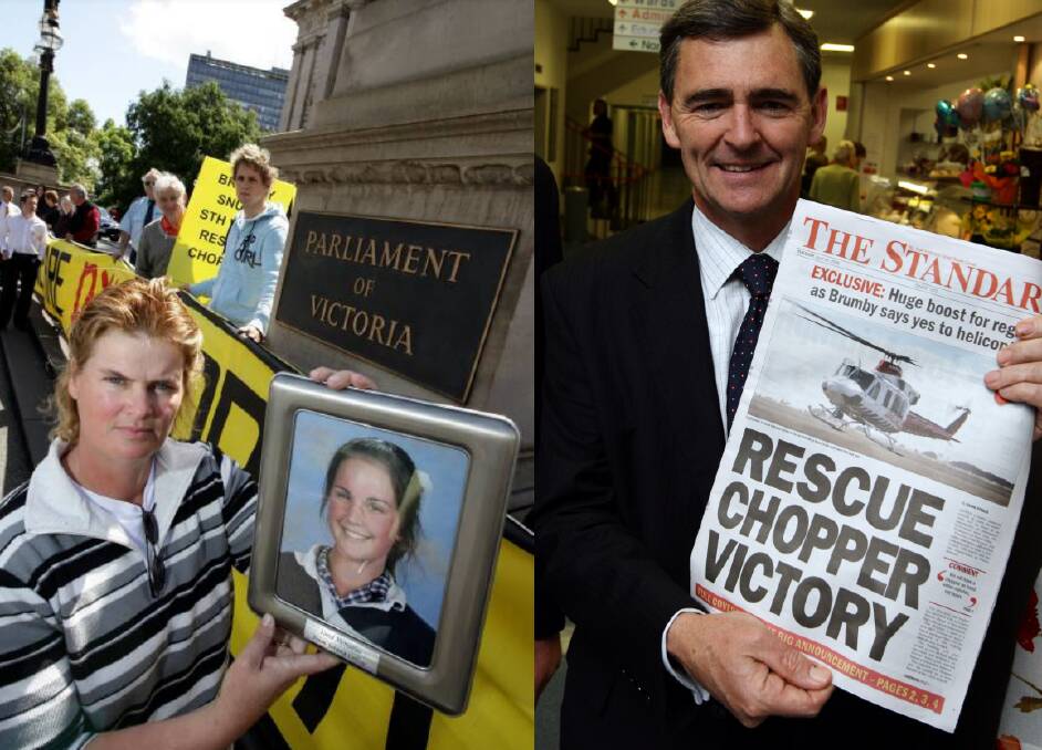 Garvoc's Dominique Fowler (left), whose daughter Alycia was killed in a car accident, joined bus-loads of people at parliament steps in 2008 to fight for a rescue chopper in Warrnambool. Then premier John Brumby (right) with a copy of The Standard announcing the news.