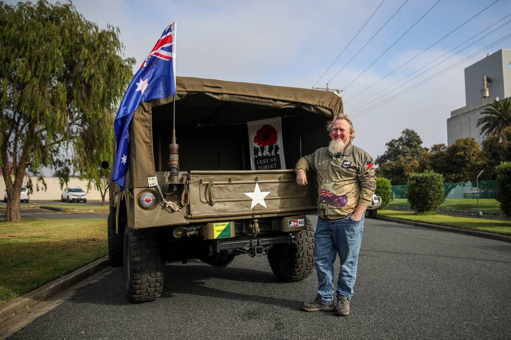 Koroit's Andy Hill with the modified Dodge weapons carrier, which featured at this year's Dennington Anzac Day service. Picture: Morgan Hancock