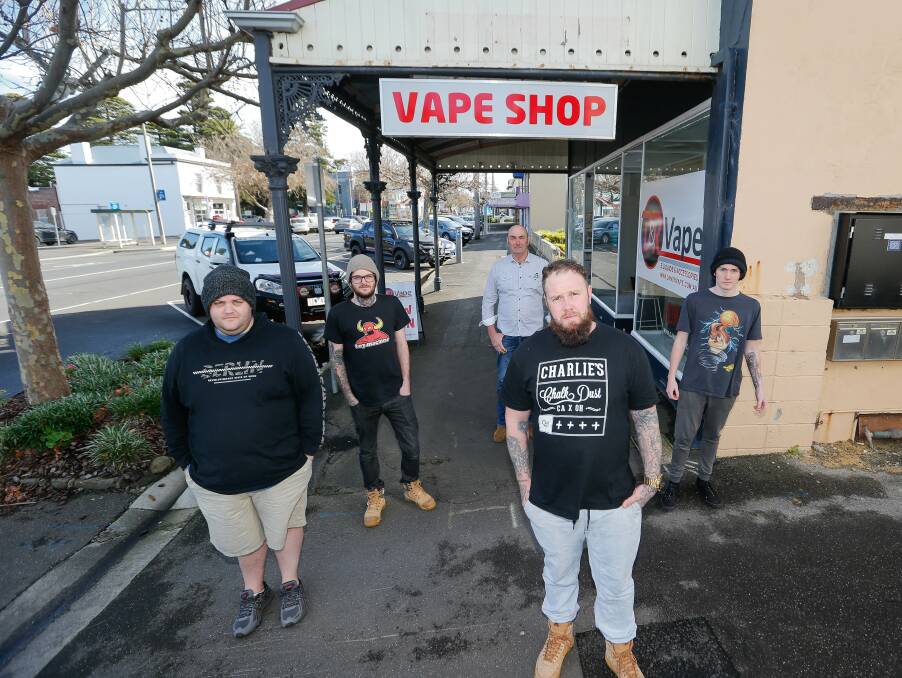 NOT HAPPY: Warrnambool Vape Shop owner Nathan Vail (front) with customers Andrew Flood, Jamie Strudwick, Daryl Wilde and Seth Jenkins. Picture: Anthony Brady.