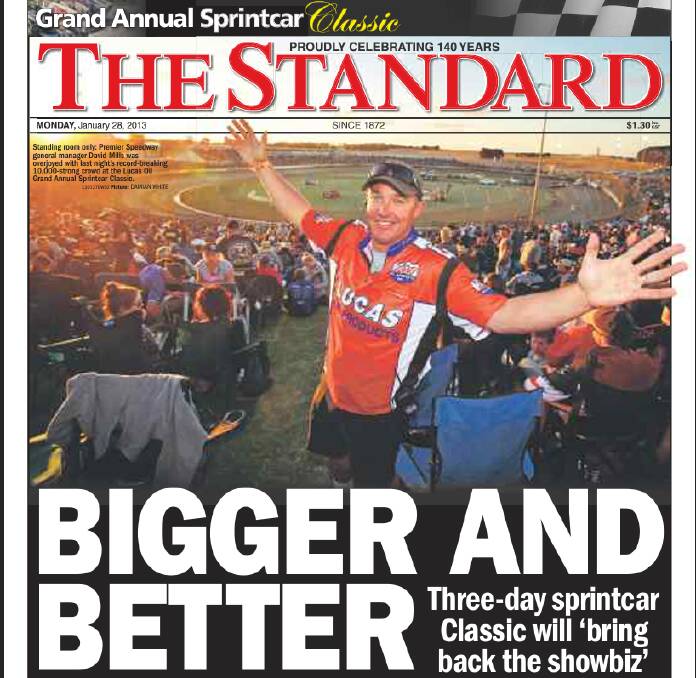 The front page of The Standard in January 2013 when a third night of the Grand Annual Sprintcar Classic was announced for the following year.