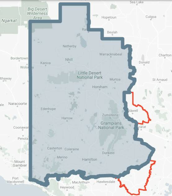 CHANGES: State electoral boundaries for the Lowan district. The existing boundaries are in blue, the boundaries for the 2022 state election are in red. 