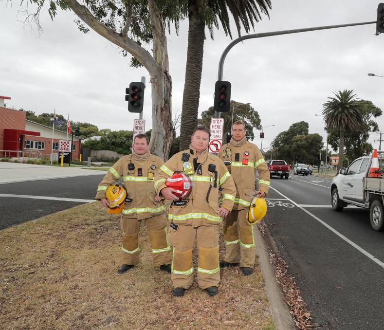 Warrnambool CFA members Leading Fire Fighter Luke Griffiths, Station Officer Troy Cleverley, and Fire Fighter Sam Worrall. 