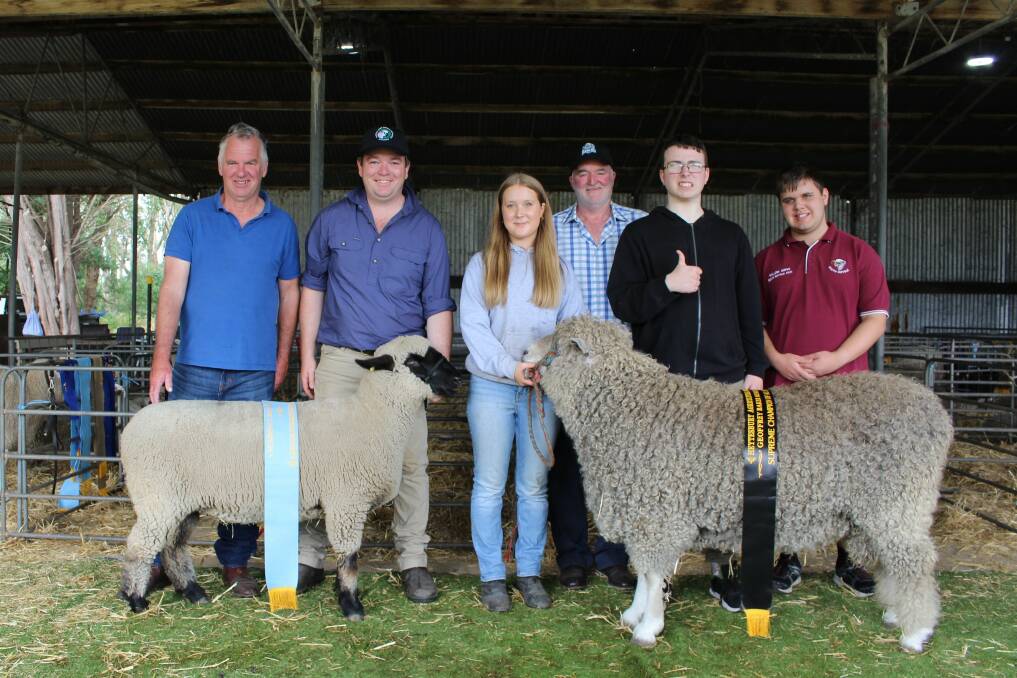 Judge Nick Cole, Kane Hildred (Hampshire Down Ewe), Tahlia Holmes (English Leicester Ram), Judge Peter McDonald, Tyler Impey and Ashley Holmes at the 2023 Heytesbury Show on March 4. Picture supplied.