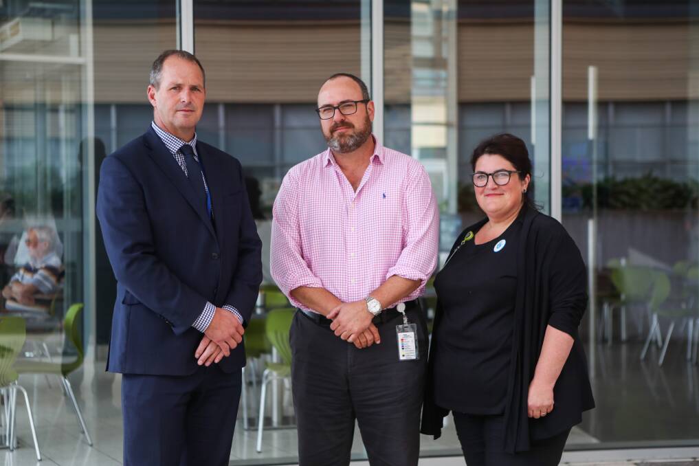 TESTING: South West Healthcare chief executive Craig Fraser, Prevention and Control director Dr Mark Page and Infection Prevention coordinator Jenny Lukeis have announced a seperate screening area for coronavirus. Picture: Morgan Hancock 