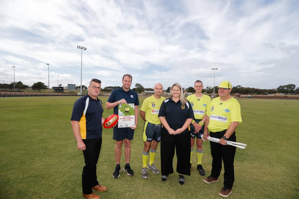 TEAM WORK: Gavin Sell, Matt Ross, Steve Walker, Nicole Downie, Mitch Trotter and Andrew Taylor want more people to take up football umpiring. Picture: Anthony Brady