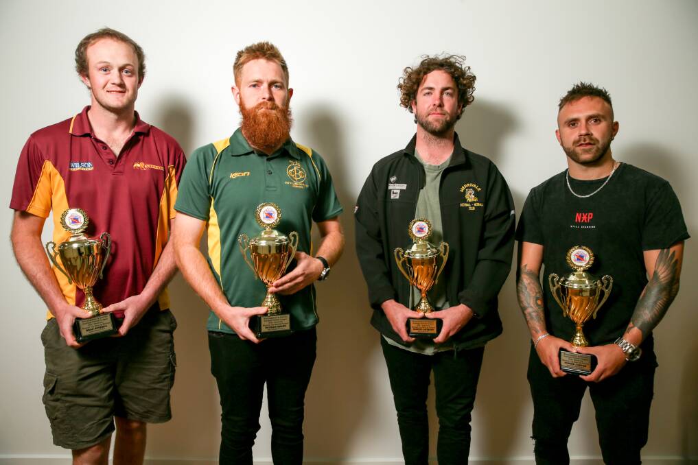 AWESOME FOURSOME: Warrnambool and District league reserves best and fairest joint runners-up Brad Bushell, Patrick Keane, Samuel Astbury and Coedie Carter. Picture: Chris Doheny 