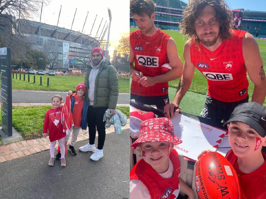 The Gynes family - Elsie, Ollie and Alex - at the MCG during the AFL final series and Elsie and Ollie with Sydney footballer Tom Hickey at Swans' training this week. 