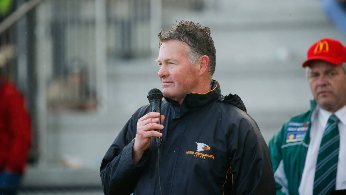North Warrnambool Eagles coach Adam Dowie speaks to the crowd post-game. Picture by Anthony Brady 