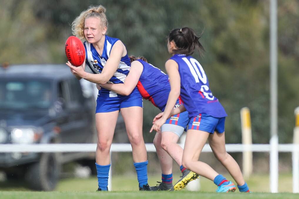 MIXING IT UP: Mitzi Adamson, pictured against Terang Mortlake last weekend, plays midfield for Hamilton Kangaroos in Western Victoria Female Football League. She plays full-back for NAB League club GWV Rebels. Picture: Morgan Hancock 