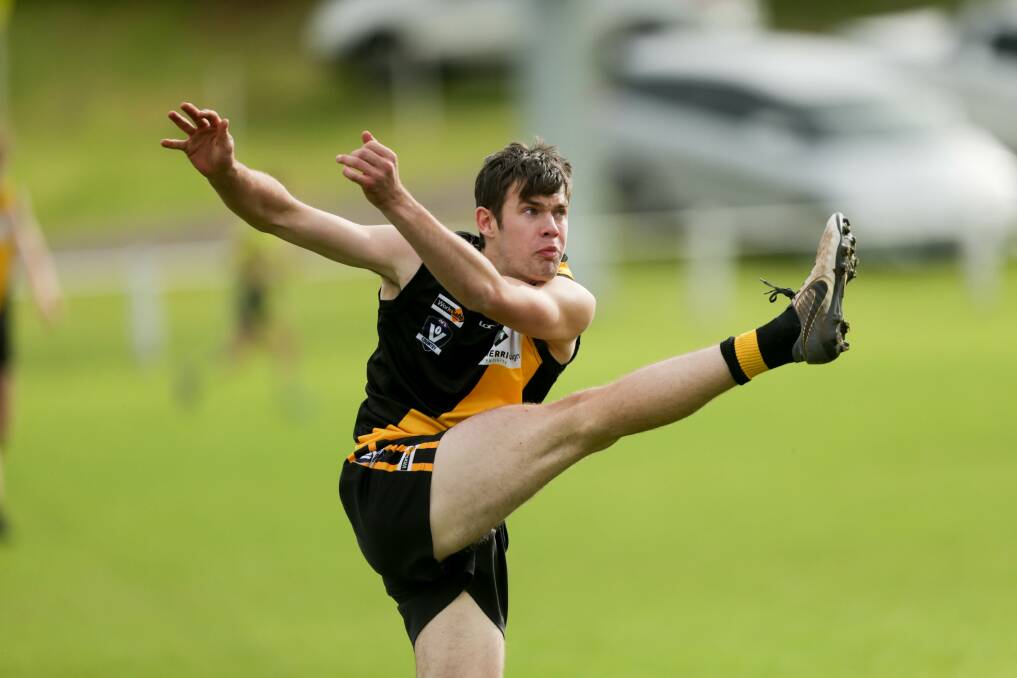 IN FULL FLIGHT: Merrivale teenager Ben Conboy is among the young players hoping to play WDFNL senior football finals in 2021. Picture: Chris Doheny 