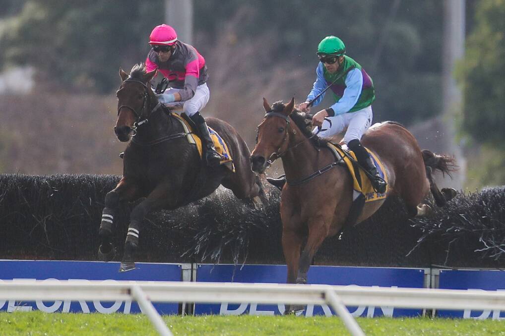 JUMPING TEST: Gold Medals and Zed Em go head-to-head in the Grand Annual Steeplechase. Picture: Morgan Hancock 