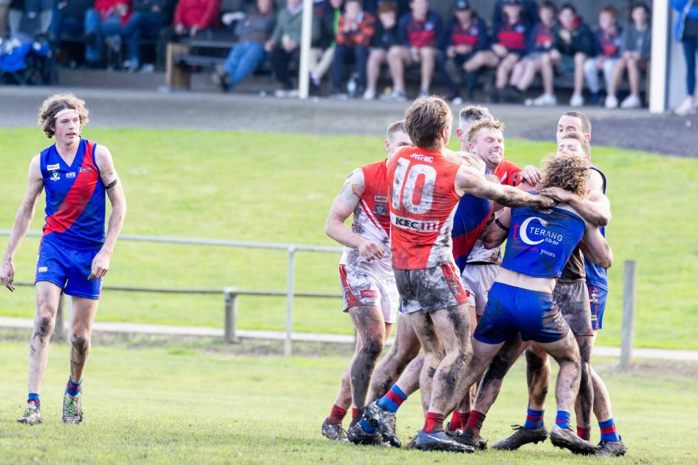 Terang Mortlake and South Warrnambool players tussle as tensions flare. Picture by Anthony Brady 