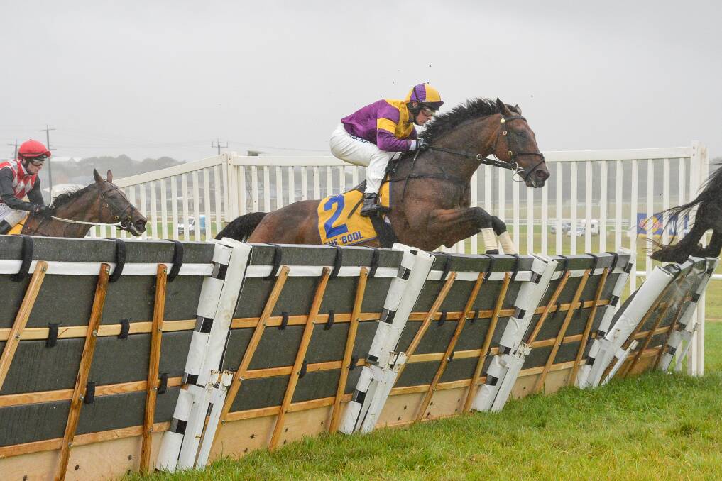 TOP EFFORT: Double Bluff, ridden by Tom Ryan, clears the hurdle on the way to winning at Warrnambool Racecourse on Monday. Picture: Reg Ryan/Racing Photos 