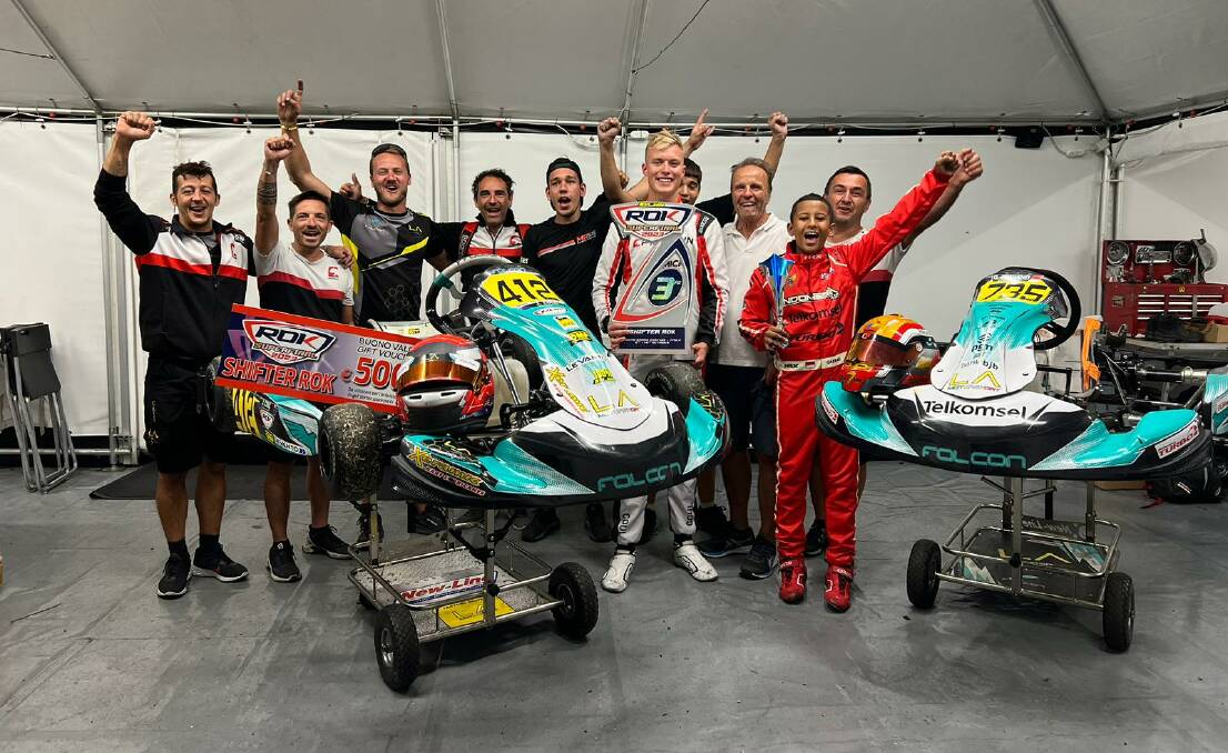 Warrnambool export Jay Coul (in white racing suit) finished third in the ROK Super Final shifter class in Italy. Picture supplied 