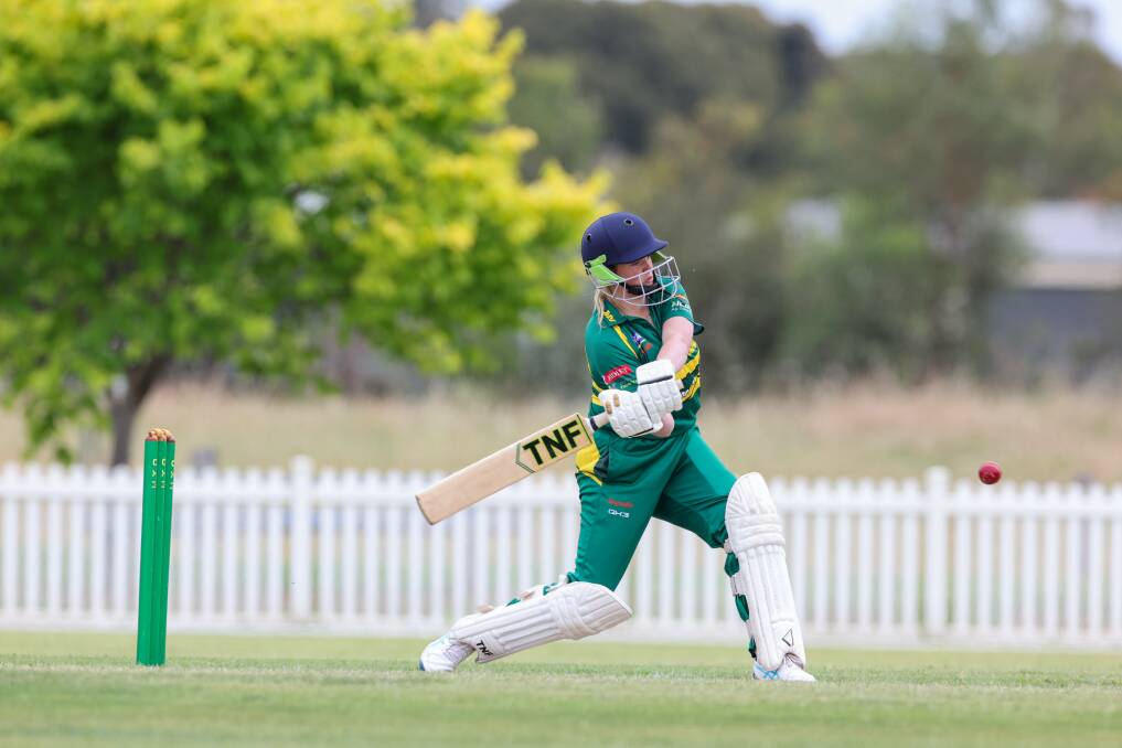 Allansford-Panmure recruit Sascha White plays a shot while at the crease against Hawkesdale. Picture by Eddie Guerrero 