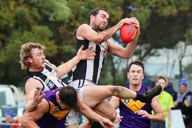 Camperdown ruckman Will Rowbottom clunks a mark against Port Fairy in 2023. Picture by Justine McCullagh-Beasy 