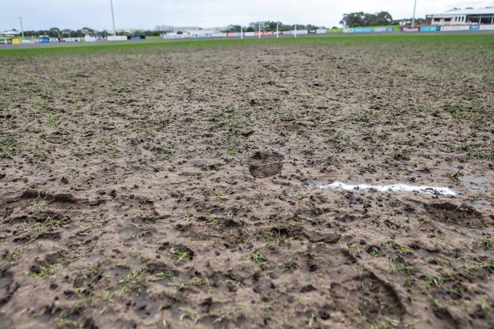There is more mud than blades of grass on much of the Friendlies' oval, pictured on Monday afternoon. Picture by Anthony Brady 