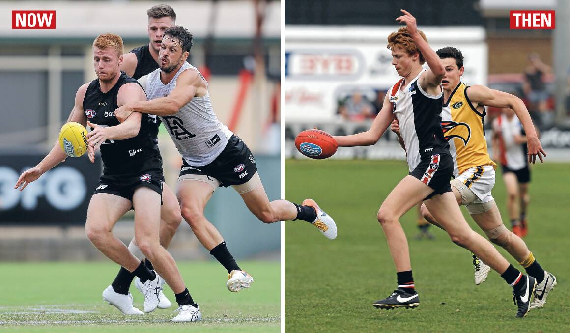 RISING THROUGH THE RANKS: Willem Drew during a Port Adelaide intraclub match earlier this year and in action for Koroit in 2014. Picture: Getty Images (left) 