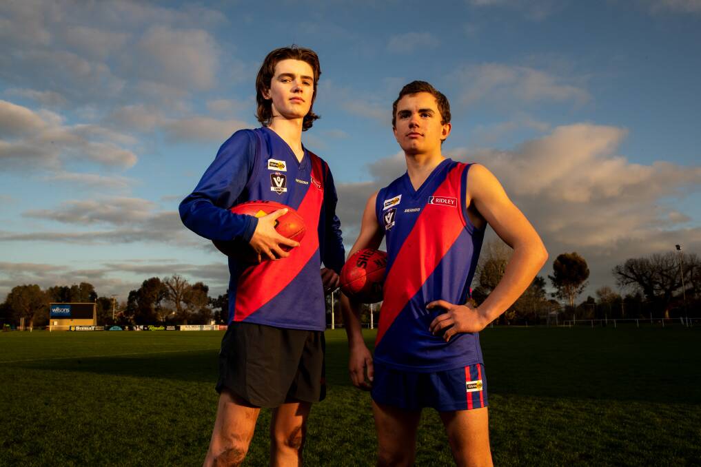 FOR THE LOVE OF THE JUMPER: Terang Mortlake footballers Oliver Guthrie and Kane Killen will play in the Hampden league under 14 grand final. Picture: Chris Doheny 