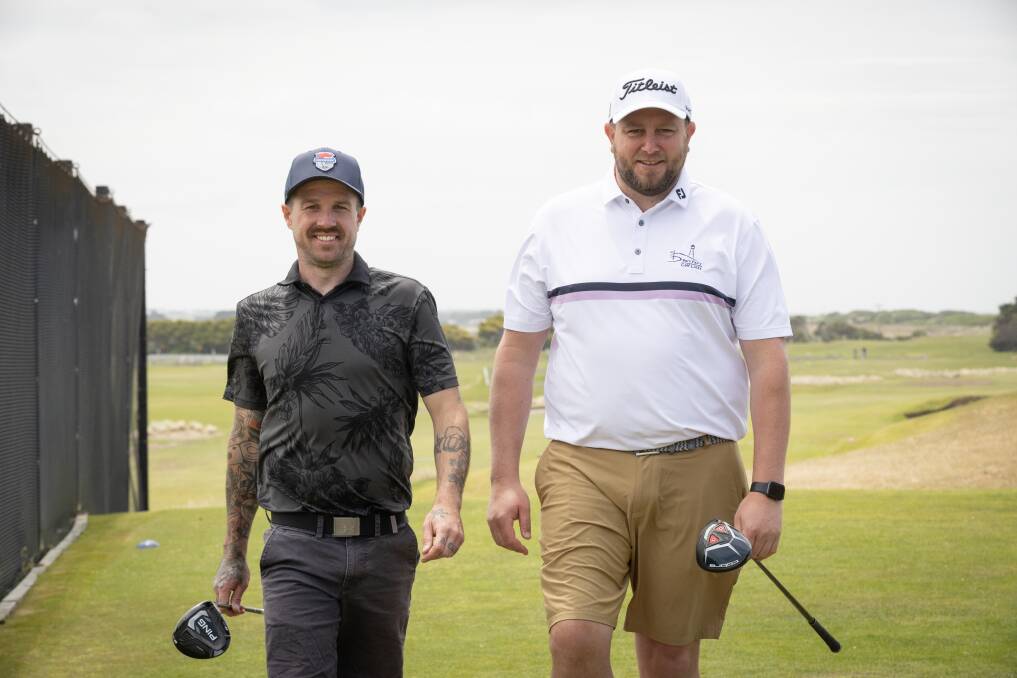 Port Fairy golfers Derryn Coulson and Alex Strauch are completing The Longest Day which is a fundraiser where they play 72 holes in a day for charity. Picture by Sean McKenna 