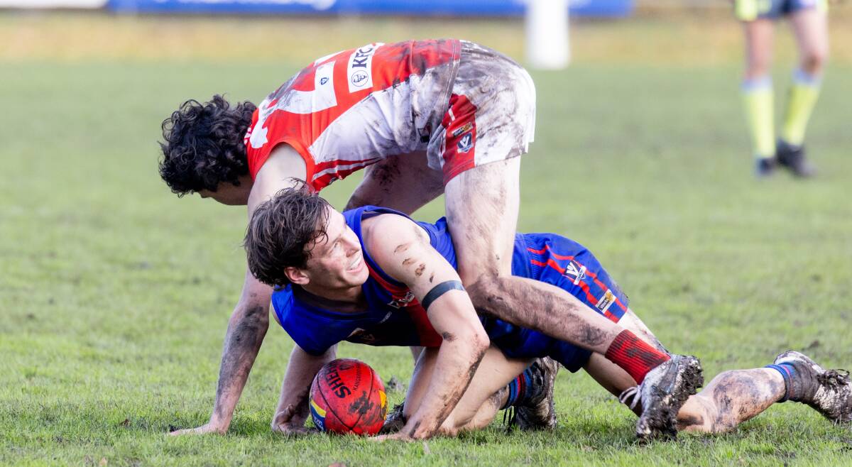 Terang Mortlake's Ryley Hutchins tries to win a ground ball against South Warrnambool. Picture by Anthony Brady 