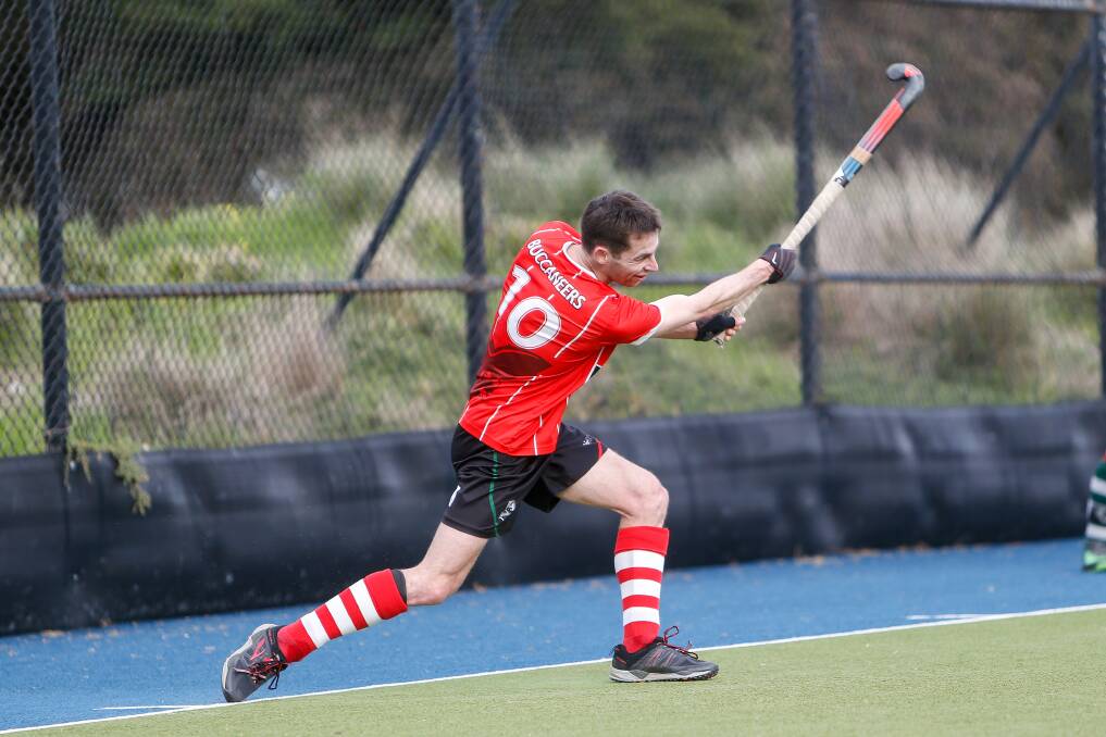 MAIN GAME: Buccaneers player Adrian Benson during the 2019 Warrnambool and District Hockey Association men's grand final. Picture: Anthony Brady 