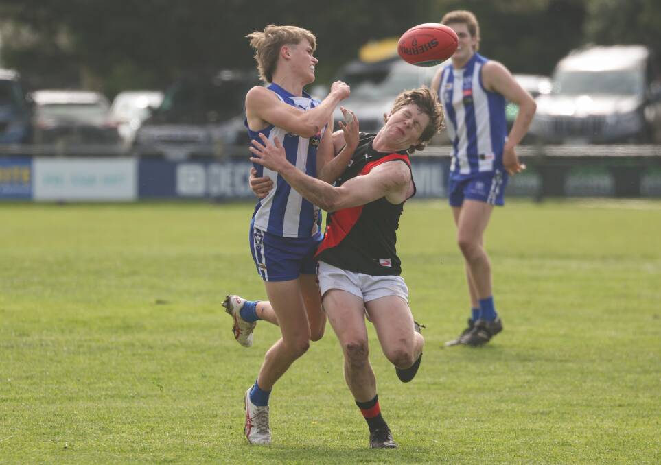 Hamilton Kangaroos' Charlie Field opposed to Cobden's Thomas Roberts in an under 18 final in 2023. File picture 