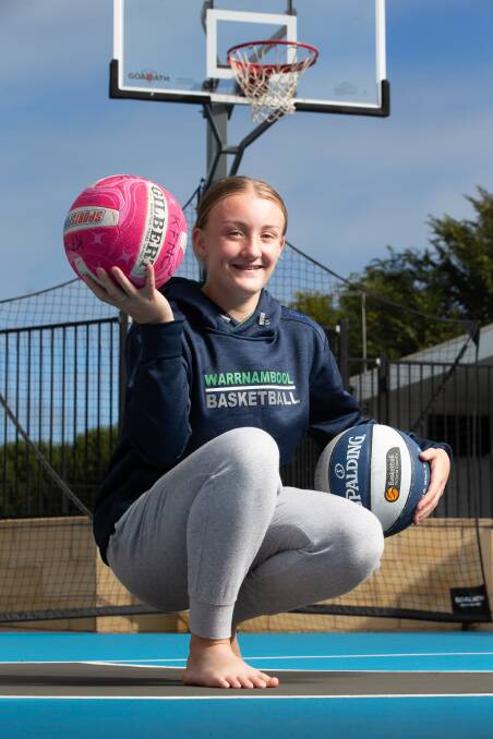 ON TARGET: Molly McLaren, 14, is playing senior basketball for Warrnambool Mermaids and senior netball for Koroit. Picture: Chris Doheny 