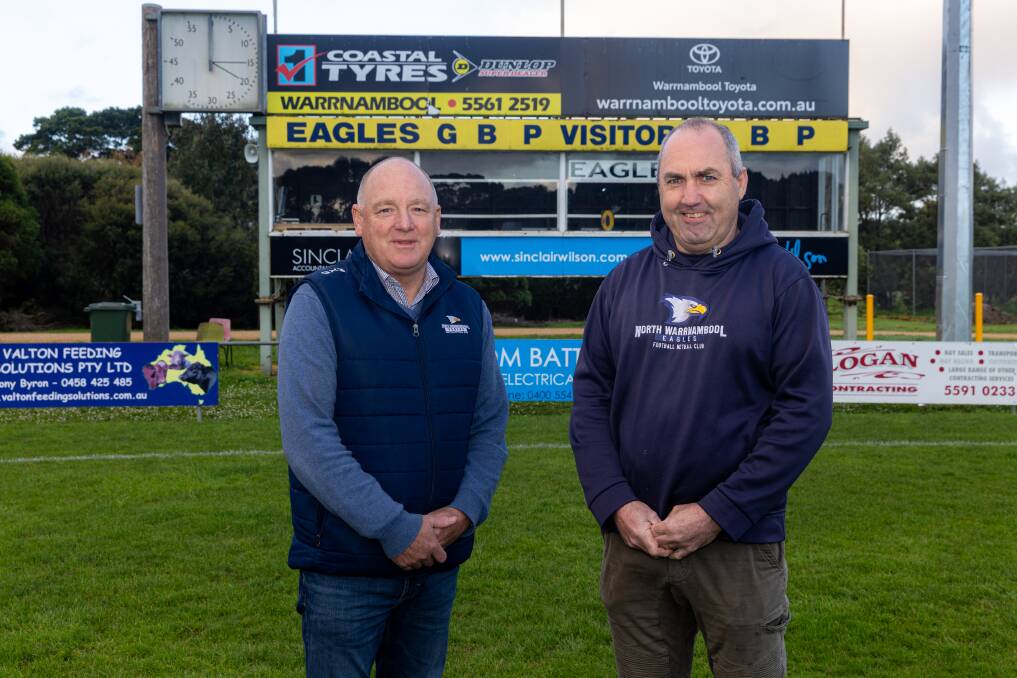 North Warrnambool Eagles joint president Gerard Lourey and vice president Shane Grundy are excited to replace the club's old scoreboard. Picture by Eddie Guerrero 